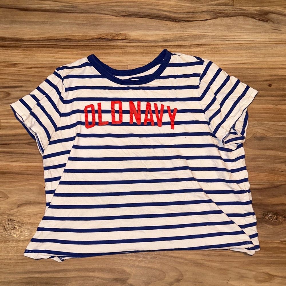 Old navy t-shirt. Blue and white striped with red letters. XXL in size.